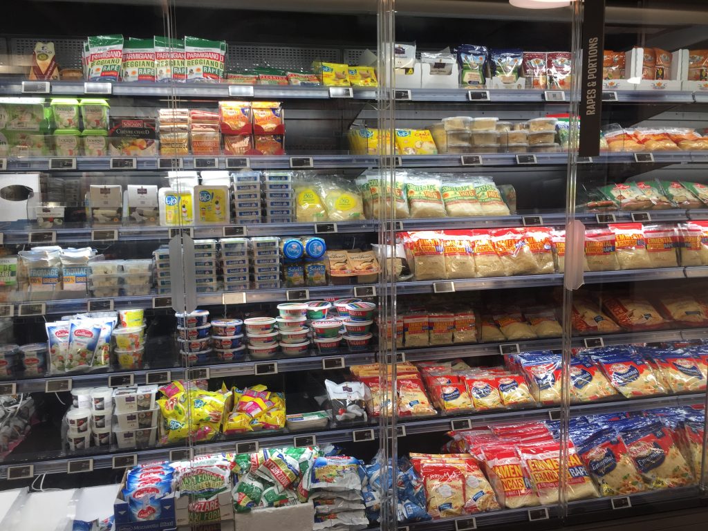 cheese selection in paris grocery store