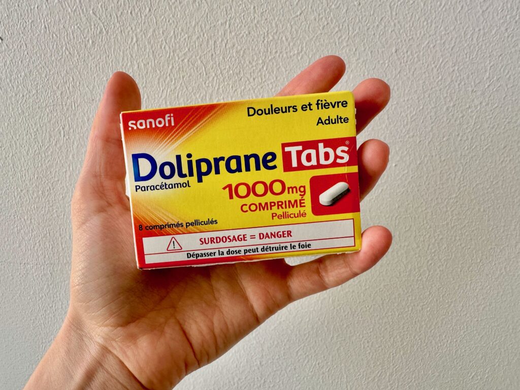 box of Doliprane (paracetamol), commonly prescribed for pain relief in France